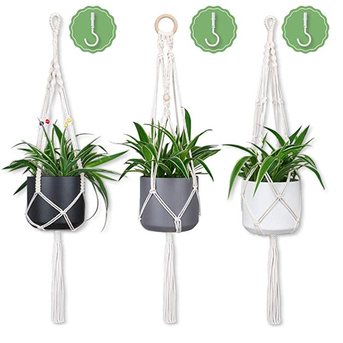 3 Pack of Macrame Plant Hangers with 3 Hooks - Boho Plant Hanger Indoor - Durable Cotton Rope Plant Hanger (Creamy-White)