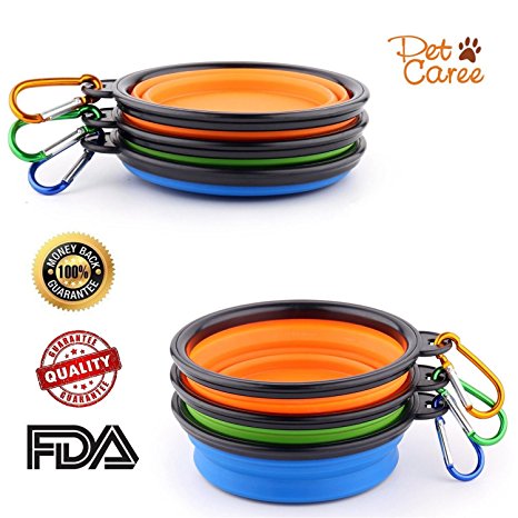 Petcaree Collapsible Dog Bowl, (Set of 3) Food Grade Silicone Travel Pet Bowl Matching Buckles, Water Food Bowl for Dogs Cats, Sturdy Pet Bowl