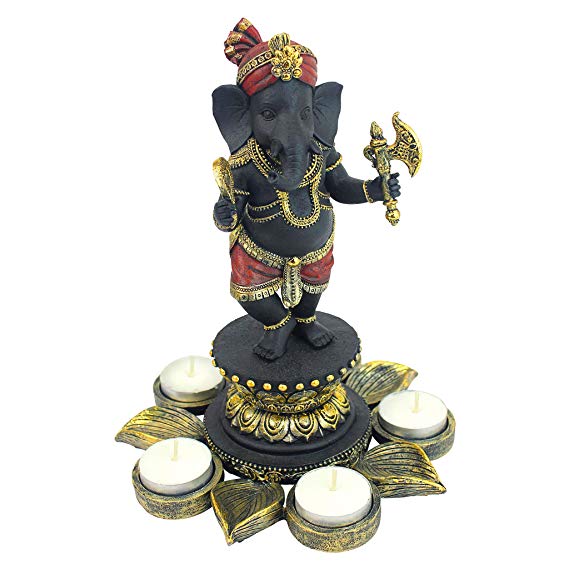 Design Toscano Standing Lord Ganesha on Lotus Flower Hindu Elephant God Statue Candle Holder, 10 Inch, Black, Red and Gold