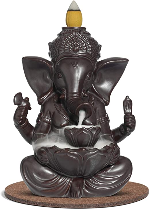 ComSaf Waterfall Backflow Incense Burner Ceramic, Handmade Censer Incense Cone Holder Fountain, Aromatherapy Elephant Ornament Home Decor Porcelain Yoga Meditation Relaxation Office Gift, Ganesha