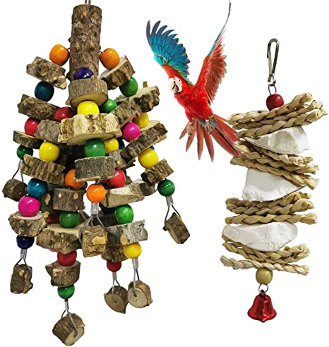 kathson Natural Parrot Chewing Toys Wood Bird Toy Hanging Parakeet Hammock Cage Accessories Cuttlebone Beak Grinding for Parrots Cockatoos African Grey Cockatiels Conure Eclectus Budgies 2PCS