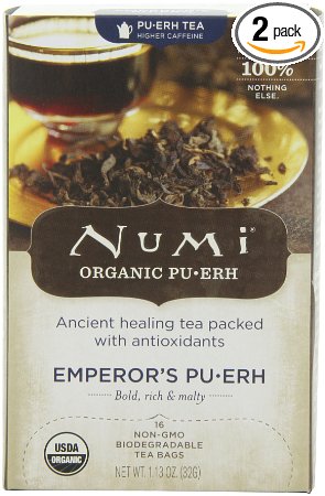 Numi Organic Tea Emperor's Pu-erh, Full Leaf Black Pu-erh Tea, 16-Count non-GMO Tea Bags (Pack of 2)