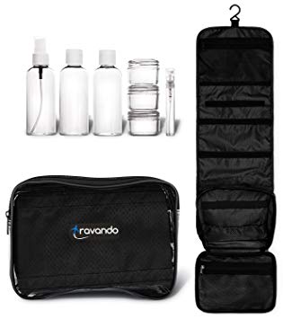 TRAVANDO Hanging Toiletry Bag"FLEXI"   7 TSA Approved Liquid Bottles - Travel Set for Men and Women - Toilet Kit for Cosmetics, Makeup - Organiser for Suitcase - Wash Bag with (Black)