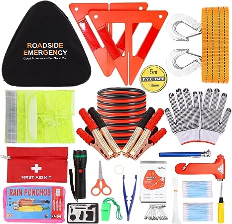 Car Emergency Kit with Jumper Cables, Auto Vehicle Car Safety Roadside Assistance Kit with First Aid Kit, Tow Rope, Car Window Breaker, Winter Car Emergency Kit for Women, Men, Teen