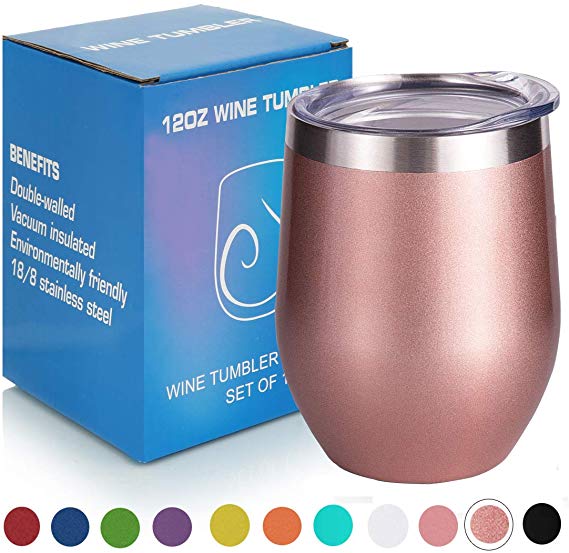 PURECUP Stainless Steel Insulated Wine Tumbler With Lid,12 oz,Double Wall Vacuum Insulated Cup,For Champaign,Cocktail, Beer,Coffee,Drinks,BPA Free(Rose Gold 1 Pack)