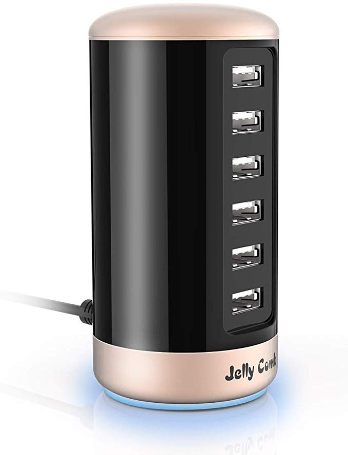 USB Charger, Multi USB Wall Charger : Jelly Comb Universal 6-Port Desktop USB Charging Station with Smart Identification for Phones, Tablets, Bluetooth Speakers and More (Black & Light Gold)