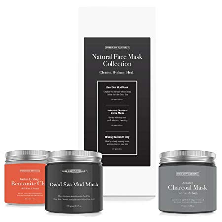 Face Mask Set with Dead Sea Mud Mask, Bentonite Clay Mask and Activated Charcoal Mask, Variety Set for Women and Men by Pure Body Naturals 8.8 Ounce Each (3 Count)