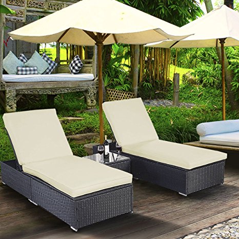 Tangkula 3 Pcs Wicker Outdoor Furniture Pool Chaise Lounge Chair with Table Black