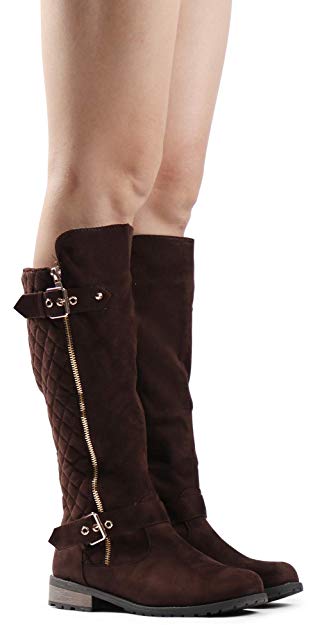 LUSTHAVE Women's Knee High Boots - Winkle Back Shaft - Side Quilted Zipper - Flat Accent Riding Boot