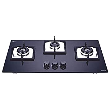 Elica Hob 3 Italian Burner Auto Ignition Glass Top - 1 Big Lotus and 2 Medium Lotus Burner Gas Stove (Flexi EC 375 DX Lotus BK) - Black