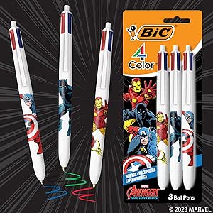 BIC 4-Color Marvel's Avengers Edition Retractable Ball Pens, Medium Point (1.0mm), 3-Count Pack, Retractable Ball Pen With Long-Lasting Ink