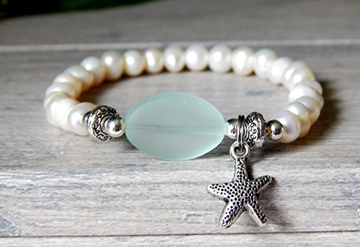 Beach Inspired Freshwater Pearl Sea Glass Beaded Bracelet with Starfish Charm and Sea Glass center Bead