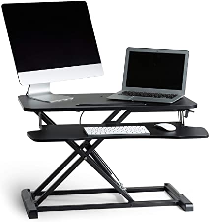 VonHaus Sit Stand Desk | Gas Assisted Black Screen Monitor Riser Workstation | Home Office Standing Two Tier Desk Converter