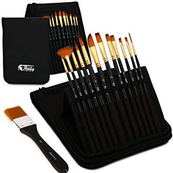 Artify 12 Pcs Paint Brush set| Pop-up Stand Carrying All in One Case with Free Palette Knife，A Large Flat Brush and Sponge| Perfect for Acrylic Oil Watercolor and Gouache Painting