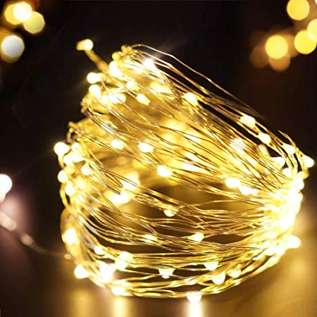 Bright Zeal 33' Warm White Fairy Lights Silver Wire - Warm White Fairy Lights Outdoor Christmas Fairy Lights Battery Operated with Timer - Waterproof Starry Fairy Copper String Lights Battery Powered