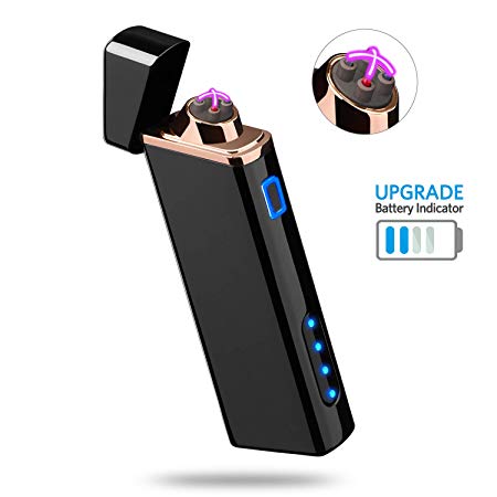 Lighter, Electric Arc Lighter USB Rechargeable Lighter Windproof Flameless Lighter Plasma Lighter with Battery Indicator (Upgraded) for Fire, Cigarette, Candle - Outdoors Indoors (Bright-Black)