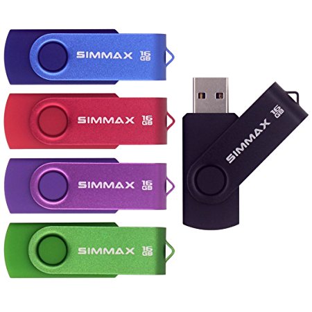 SIMMAX 5pcs 16GB USB Flash Drive U-Disk 16GB USB 2.0 Flash Memory Stick swivel design (Five Mixed Colors: Black Blue Green Purple Red)(Mix Color1)