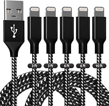 Lightning Cable [5 Pack] iPhone Charger for iPhone Xs/Max/XR/X/8/8Plus/7/7Plus/6S/6S (3FT/6FT/10FT) Nylon Braided with Extra Length - Black