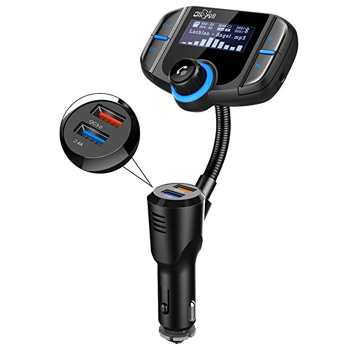 Bluetooth FM Transmitter, Bligli Wireless Radio Adapter Hands-Free Car Kit with 1.7 Inch LCD Display Screen, QC3.0 and 2.4A Dual USB Ports, AUX Input/Output, TF Card Mp3 Player