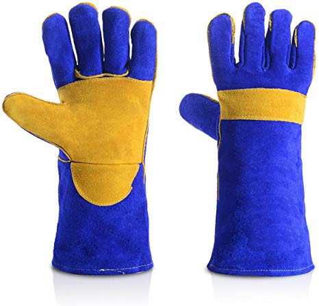 QeeLink Welding Gloves - Heat Resistant & Wear Resistant Lined Leather and Fireproof Stitching - For Tig/Mig Welders/Fireplace/BBQ/Gardening/Grilling/Stove (14 Inch, Blue)