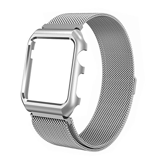 For Apple Watch Band 38mm Upgraded Stainless Steel Magnetic iwatch band with Metal Case for Apple Watch Series 3 Series 2 Series 1 Protective Bumper Replacement Strap Silver