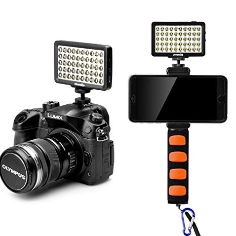 Commlite CM-L50II Dimmable Camera LED Video Light, Rechargeble Universal Mini camera Light for Smartphone, Canon, Nikon, Panasonic,SONY, Samsung and Olympus Cameras(Black)(With Orange Handheld Grip)