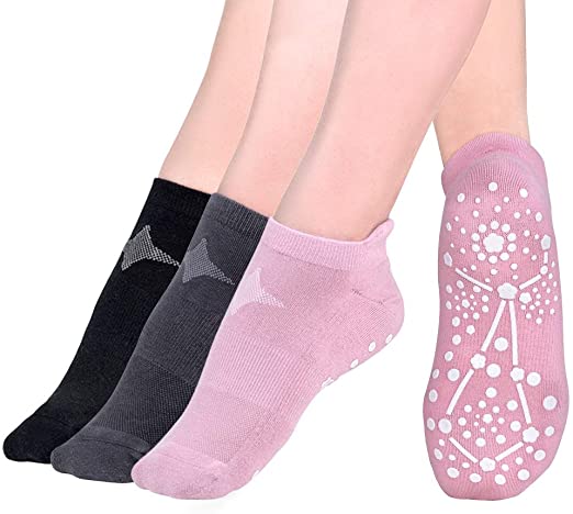 Time May Tell Non Slip Cushion Yoga Socks for Women Barre Pilates with Grips Moisture Wicking Hospital Socks 3 Pair