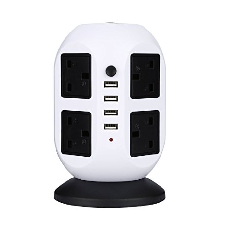 YKS 8 Way Surge Protected Tower Extension Lead Socket Cord Power Strip with 4 USB Ports