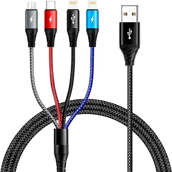 Multi Charging Cable 3.5A [2Pack 6ft] Multi Charging Cord Braided 4 in 1 Multi Charger Fast Charger Cable with Lightning/Type C/Micro USB Ports for Cell Phones/iPhone/Samsung Galaxy/PS/Tablets & More