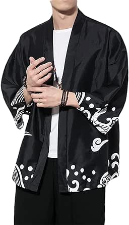 Men's Kimono Cardigan Jacket Japanese Style Flying Crane Seven Sleeves Open Front Coat