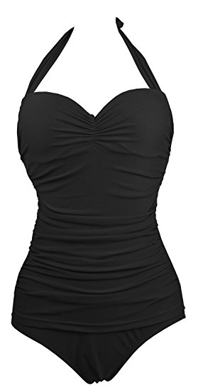 Wantdo Womens Retro Ruched Solid Halter Push-up One Piece Swimsuit