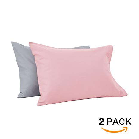 TILLYOU Toddler Travel Pillowcases Set of 2, 14x20- Fits Pillows Sized 12x16, 13x18 or 14x19, 100% Soft Cotton Percale, Envelope Style Machine Washable Kids Pillow Cases, Gray & Pink