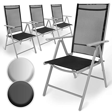 Aluminium Folding Garden Chairs | with Armrests, High Backrest Adjustable in 5 Positions, 2x1 Thread | Recliner Chair Outdoor Camping Furniture Comfortable Seating (Set of 4, Light Grey)