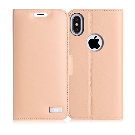 iphone X Case, FYY [RFID Blocking wallet] Genuine Leather 100% Handmade Wallet Case Credit Card Protector for iphone X Apricot