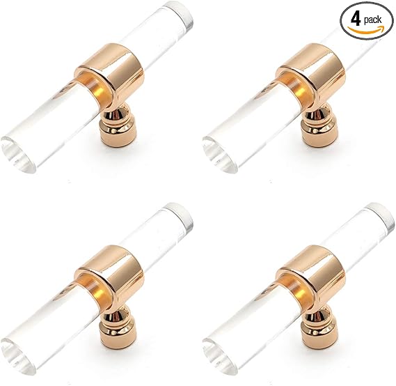 Drawer Knobs,4-Pack, Acrylic Cabinet Knobs Rose Gold Transparent T Knobs Single Hole 3.2" Length