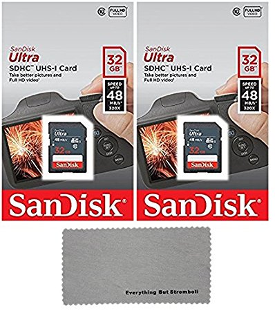 SanDisk 32GB Ultra (2 Pack) UHS - I Class 10 SDHC Memory Card, Retail Packaging - with (1) Everything But Stromboli (tm) Microfiber Cloth