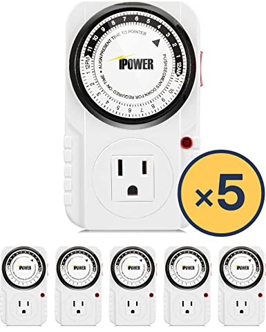 iPower 24 Hour Plug-in Mechanical Electric Outlet Timers Switch Programmable Indoor, Accurate Heavy Duty 3-Prong for Lamps Fans Christmas String Lights, AC 1725W 1/2 HP, UL Listed, White, 5 Pack