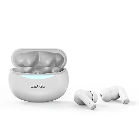 Wobble Beans A77 TWS Intuitive ANC Earbuds with 12mm Driver, Quad Mics, D.A.T chip, 360° Surround Sound, Low Latency Gaming, IP55 Rated, Touch & Voice Controls, Playback Upto 30hrs, Dual Connectivity