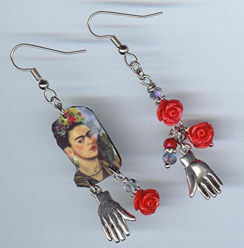 Frida hand earrings - red rose self portrait - Mexican artist art