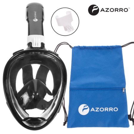 Snorkel Mask With GoPro Mount & Waterproof Travel Bag By Azorro - Full Face Snorkeling Mask With Anti-Fog/Anti-Leak Technology With Ventilation Tube- Award Winning 180 Degrees Viewing Area