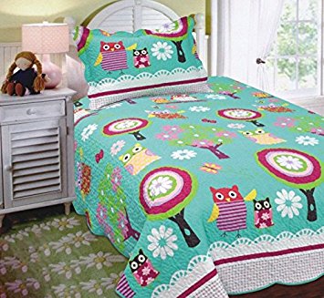 Mk Collection Twin Size 2 Pc Bedspread Teens/girls Owl Teal Green Twin / Twin Extra Long 68"x 90"New