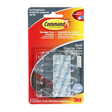 Command 17302CLR-C Cord Organizers, Small, Clear, 8 Clips 12 Mini Strips