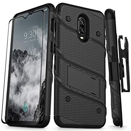 Zizo Bolt Series Compatible with OnePlus 6T Case Military Grade Drop Tested with Full Glass Screen Protector Holster and Kickstand Black Black