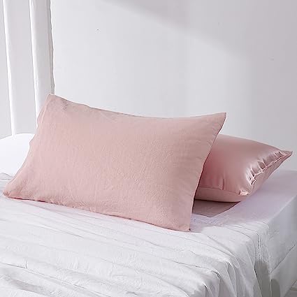 King Linens 100% Mulberry Silk Linen Flip Pillowcases Overlap Queen Size - Pack of 2 - Natural Soft Comfy Breathable for Hair and Skin Beauty - Blush Pink, 20’’ x 30’’