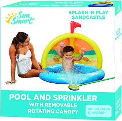 SunSmart Splash ‘N Play Sandcastle Kiddie Pool and Water Sprinkler, 360 Rotating Shade, Inflatable Kids Splash ‘N Play Pool and Sprinkler, 36” Wide