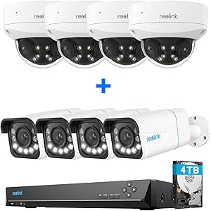 REOLINK 4K PoE Security Camera System, IP Outdoor Cameras 4X Duo 2V PoE with Dual-Lens 180° Diagonal Bundle 4X RLC-811A with 5X Optical Zoom & 1x RLN16-410 (4TB HDD