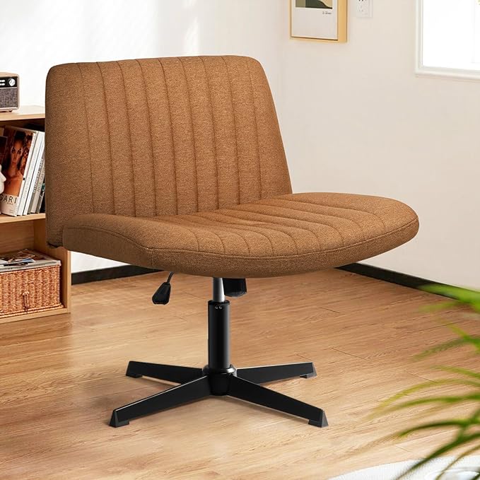 LEMBERI Fabric Padded Desk Chair No Wheels, Armless Wide Swivel Home Office Desk Chair,120° Rocking Mid Back Ergonomic Computer Task Vanity Chair for Office, Home, Make Up,Small Space (Brown)