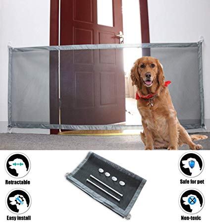 Magic Gate for Dogs Cat Portable Folding Safe Guard for Pet House Indoor Use Baby Safety Fence Retractable Mesh Gate Install