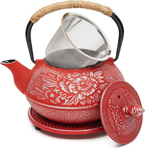 27 oz Red Japanese Cast Iron Teapot Set, Loose Leaf Tetsubin with Handle, Infuser, Trivet (800 ml)