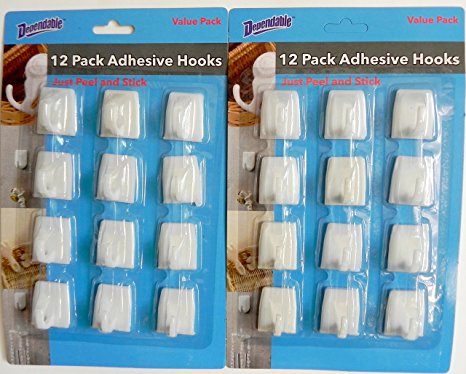 24 Pcs Medium Wall Adhesive Hooks Just Peel & Stick 2 Packs of 12 Home Bath Office Dorm made by Dependable Industries